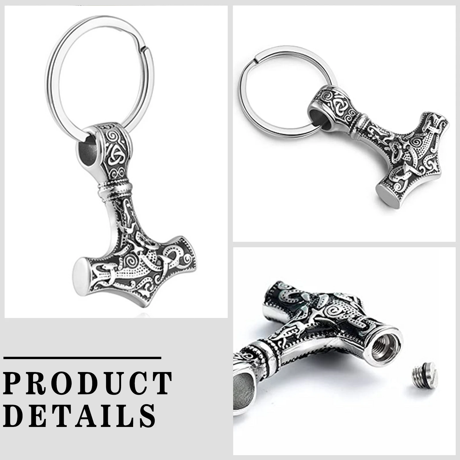 Viking Thor Hammer Cremation Keychain for Ashes - Stainless Steel Urn Pendant Mjolnir Keepsake Jewelry for Men