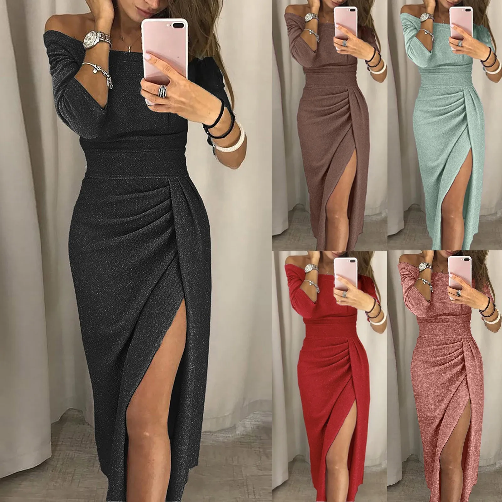 Women'S Fashion Sexy Dress Strapless High Slit Tight Dress Half Sleeve Dress Elegant Dresses Ladies Party Evening Vestidos