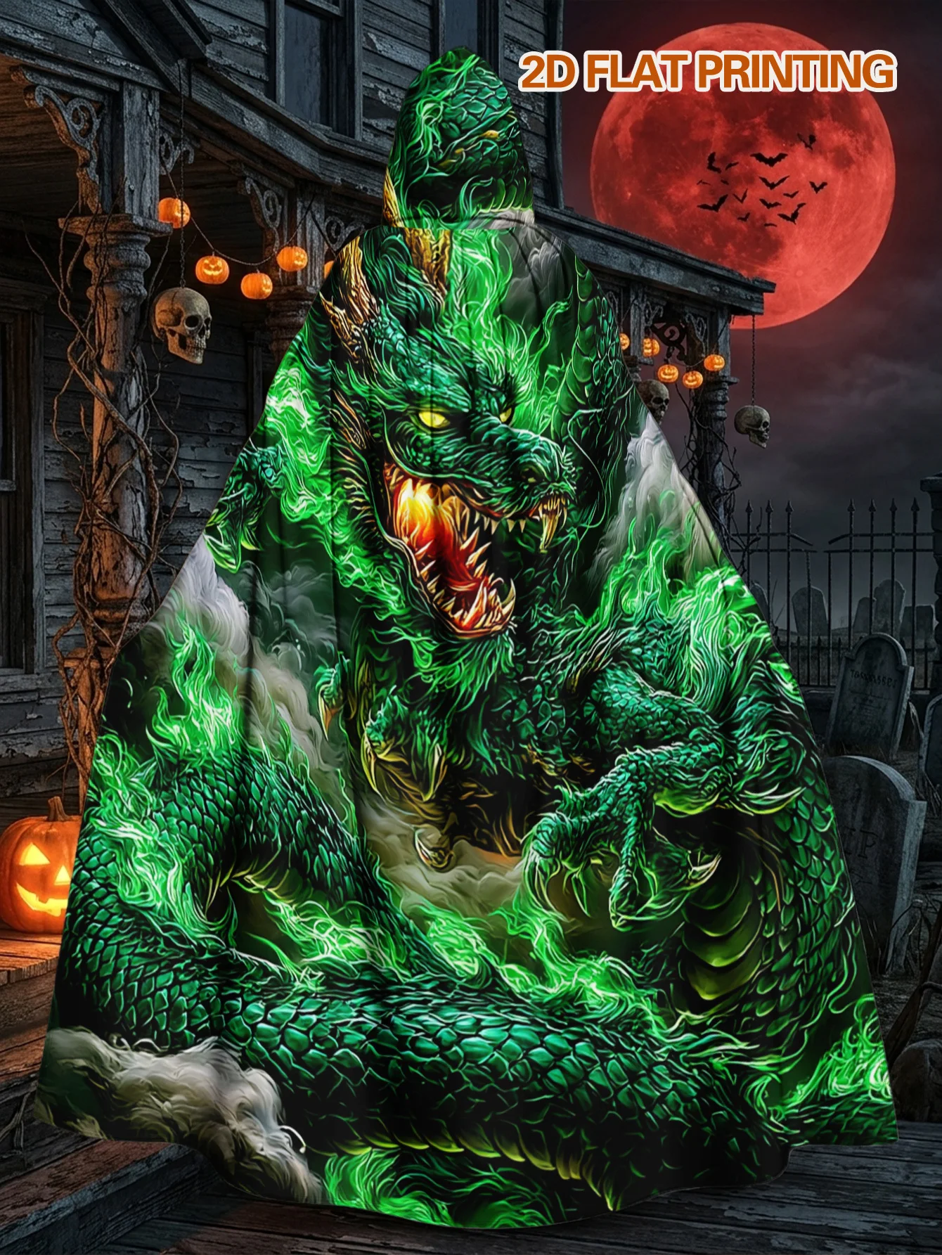 Customization 1pc, Adult Hooded Cloak With Green Fiery Dragon In Clouds Elements 1pc Polyester Cape For Halloween, Christmas And