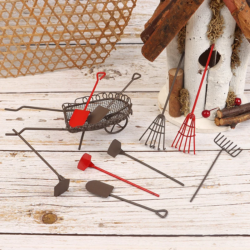 1/12 Dollhouse Simulation Garden Tools Kit Dollhouse Shovel Rake Hoe Cart Farm Tool Ornaments Dolls House Accessories