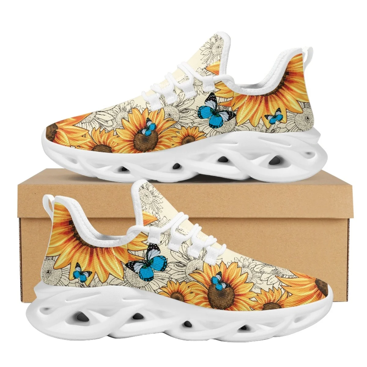 

Pretty Butterfly Sunflower Print Ladies Flats Spring Autumn Outdoor Work Breathable Running Shoes Mesh Shock Absorbing Sneakers