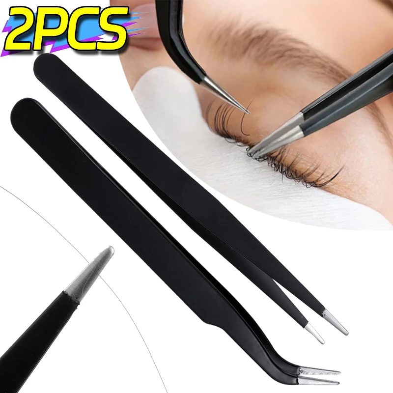 2PCS สแตนเลสสตีลสีดําแหนบขนตาความแม่นยําสูง Eyelash EXTENSION แหนบ Anti-Static เล็บ Rhinestone Tweezer