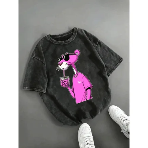 Imagen 1 del producto Camiseta lavada de estilo Retro con estampado Retro de Pantera Rosa para mujer, camiseta divertida y versátil de tendencia urbana Retro