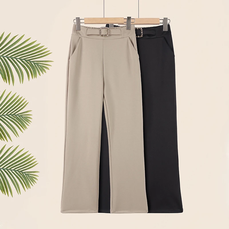 Calça feminina de cintura alta levemente queimada, calça elástica de bezerro, na altura do joelho, bordada casual, primavera e verão