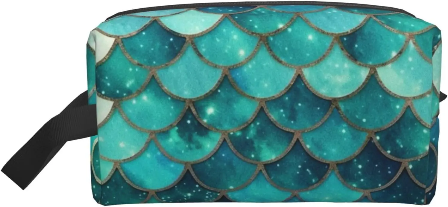 Travel Toiletry Bag for Women Men Leather Makeup Bag Large Portable Travel Organizer Mermaid fish scale print Cosmetic Ba