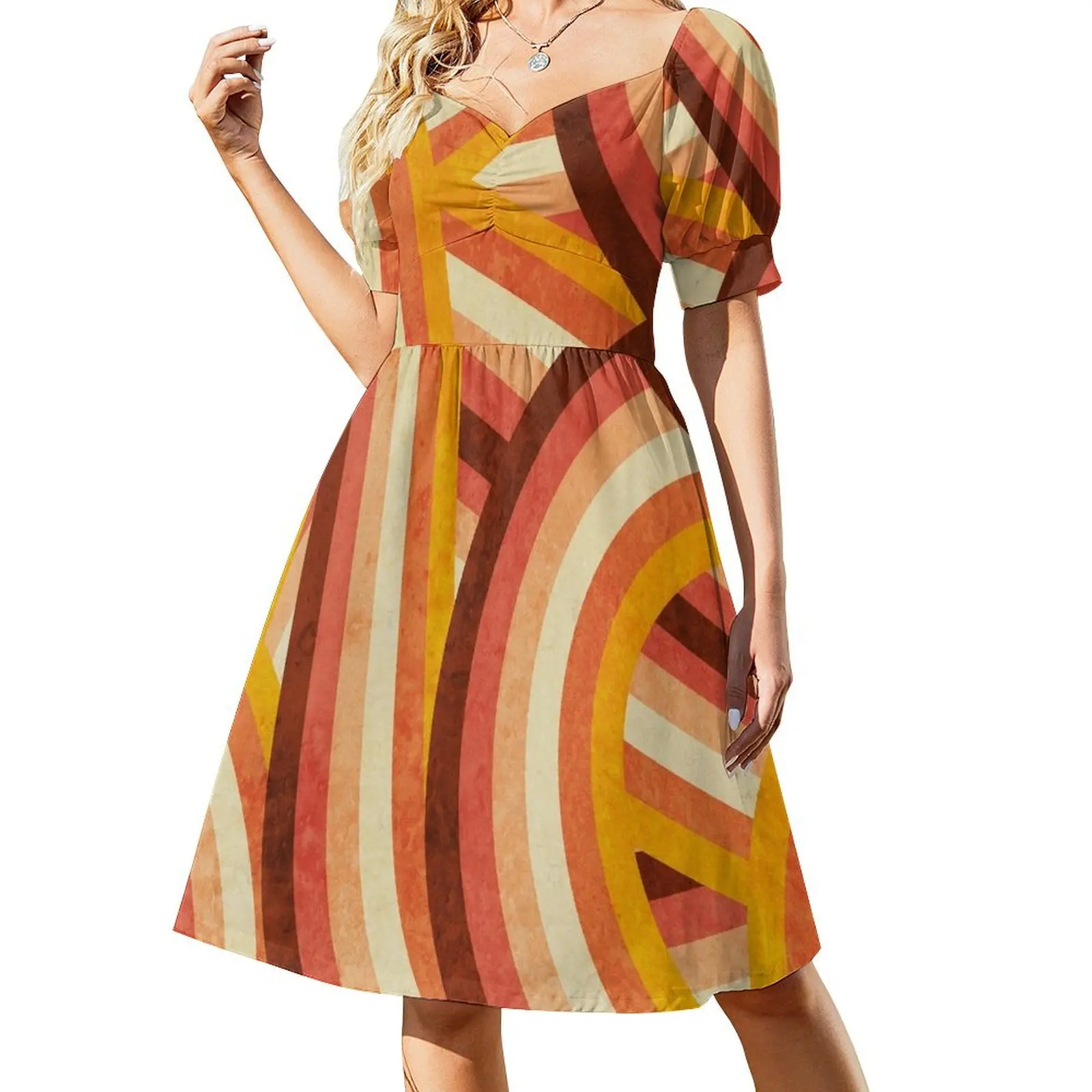 

Vintage Orange 70's Style Rainbow Stripes Short Sleeved Dress summer dresses women 2025 evening dresses luxury 2025 Dress