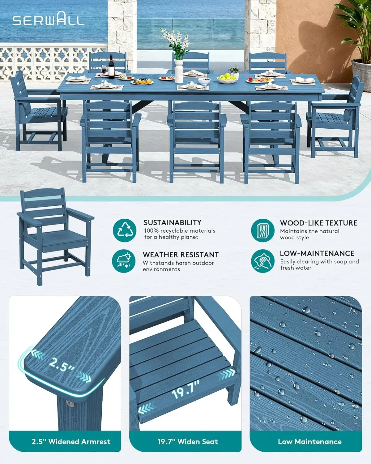 9 Piece Outdoor Dining Set 84 HDPE Outdoor Table and Chairs for 8 All Weather Patio Furniture Set with Umbrella Hole