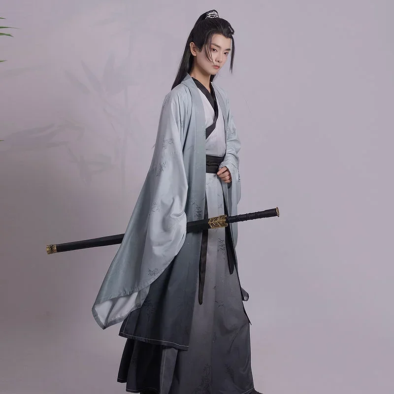 Chinese Hanfu Cross-collar Waist Length Wei Jin Style Suit Large Sleeve Shirt Printed Student Original Clothing Hanfu Male Women