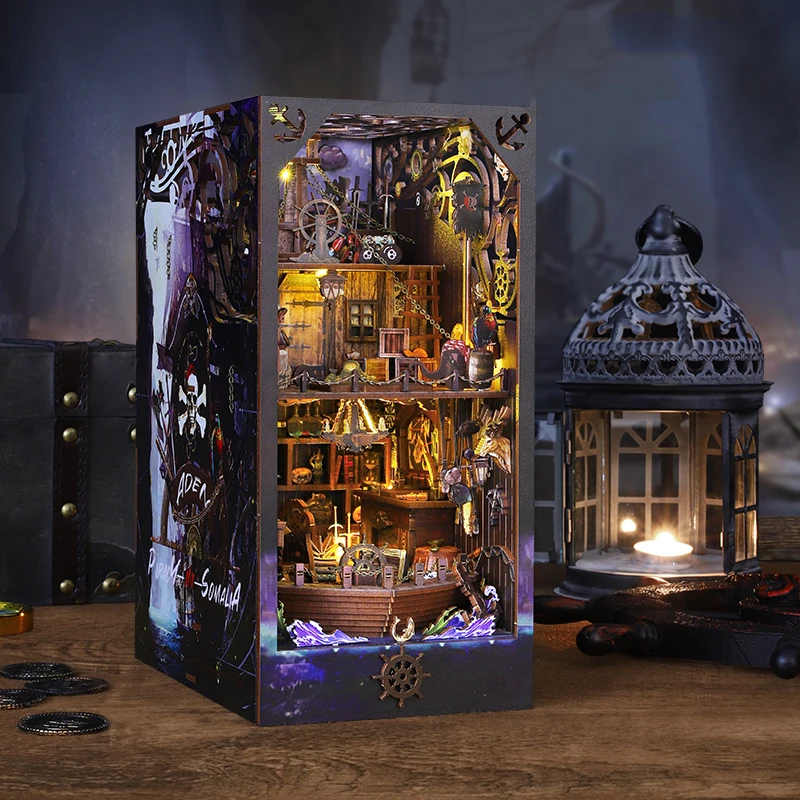 NEW DIY Book Nook Kit modello in miniatura in legno Magic Pirate Ship Bookend Puzzle 3D con libreria leggera decorazioni per la casa regali per gli amici