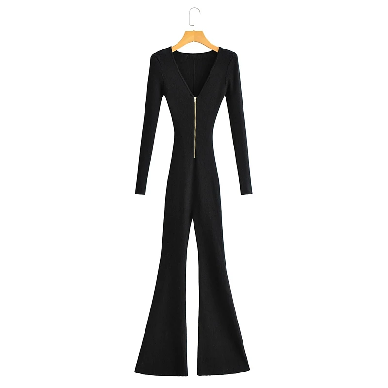 Dave&Di 2023 England Style Ins Fashion Blogger High Street Retro Zippers Jumpsuits Women Sexy Sheath Knitted Jumpsuits