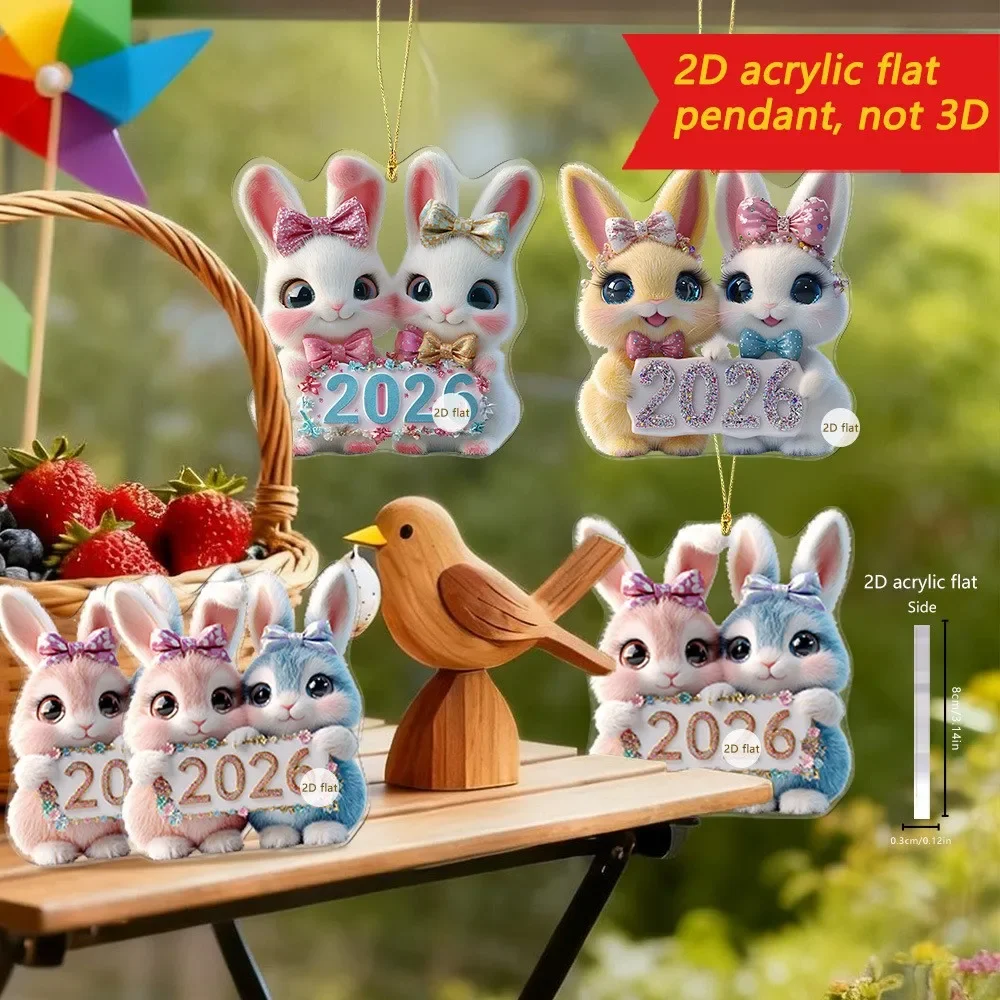 الكرتون لطيف 2026 سنة مزدوجة الأرانب 2D شقة الاكريليك قلادة سيارة مرآة الرؤية الخلفية الديكور حقيبة قلادة هدية عيد الحب