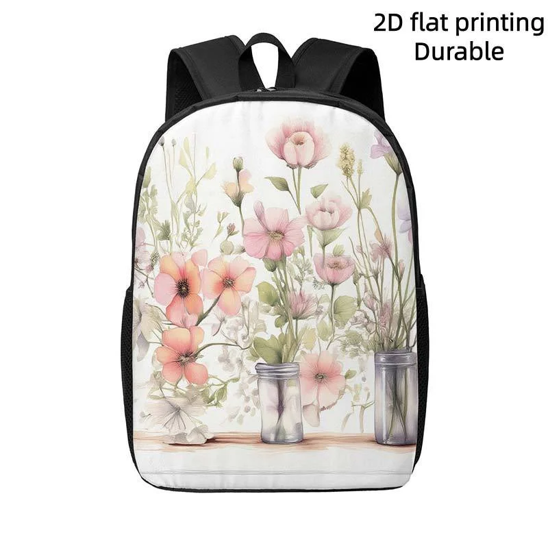 

1pc, backpack, wood textured surface decorated with soft floral patterns in glass jars, cute lightweight travel backpack