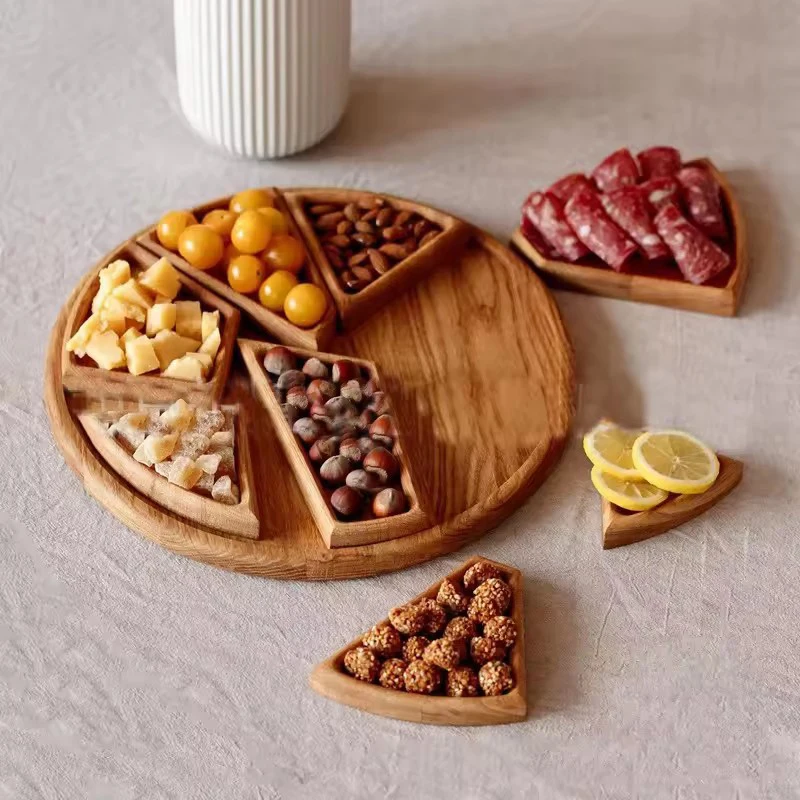 Geteiltes Holz-Serviertablett, Snack- und Dessertplatte, Obst- und Vorspeisen-Servierteller, Runde Servierplatte für Süßigkeiten, Nüsse und Vorspeisen