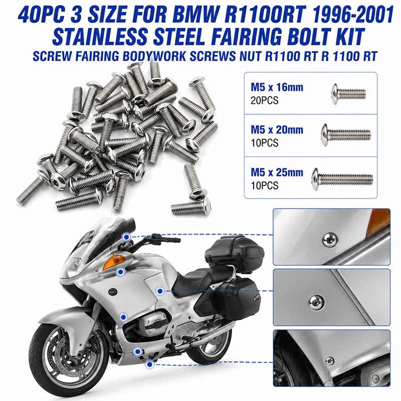 40PC 3 Size For BMW R1100RT 1996-2001 STAINLESS STEEL FAIRING BOLT KIT Screw Fairing Bodywork Screws Nut R1100 RT R 1100 RT
