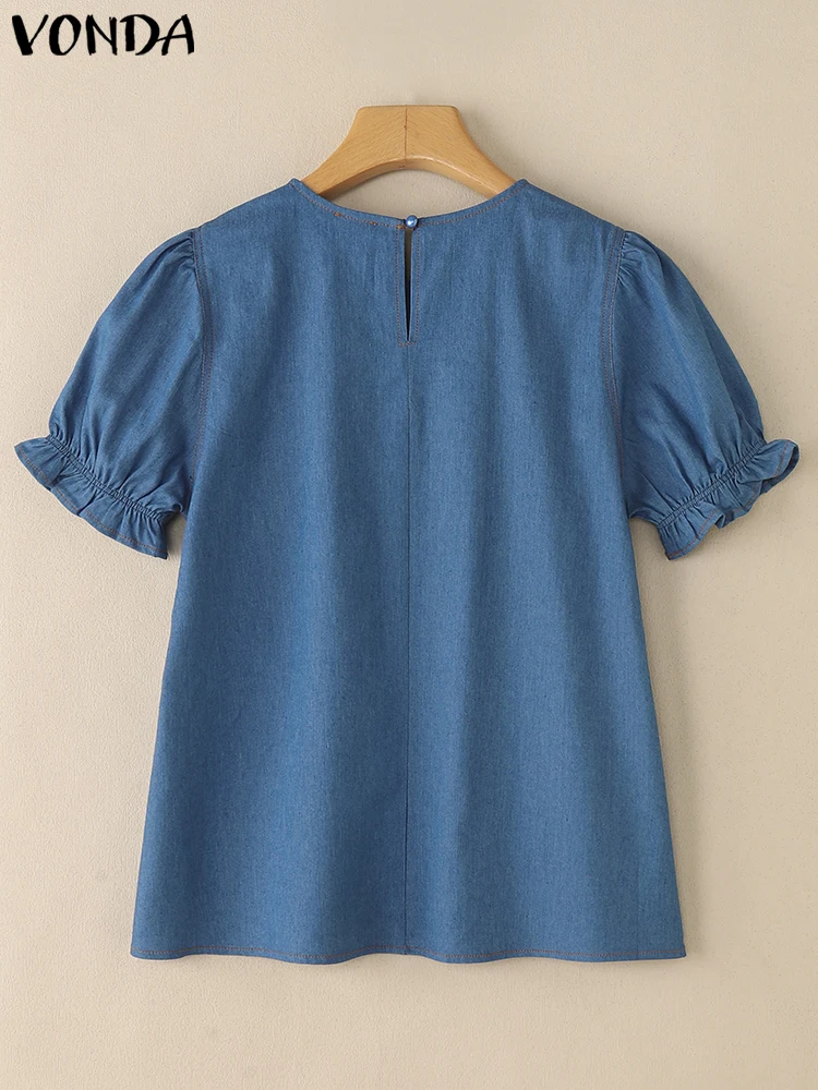 2025 Fashion Blouse VONDA Women Denim Summer Tunic Tops Elegant Short Puff Sleeve Shirts Casual Loose Solid Color Vintage Blusas