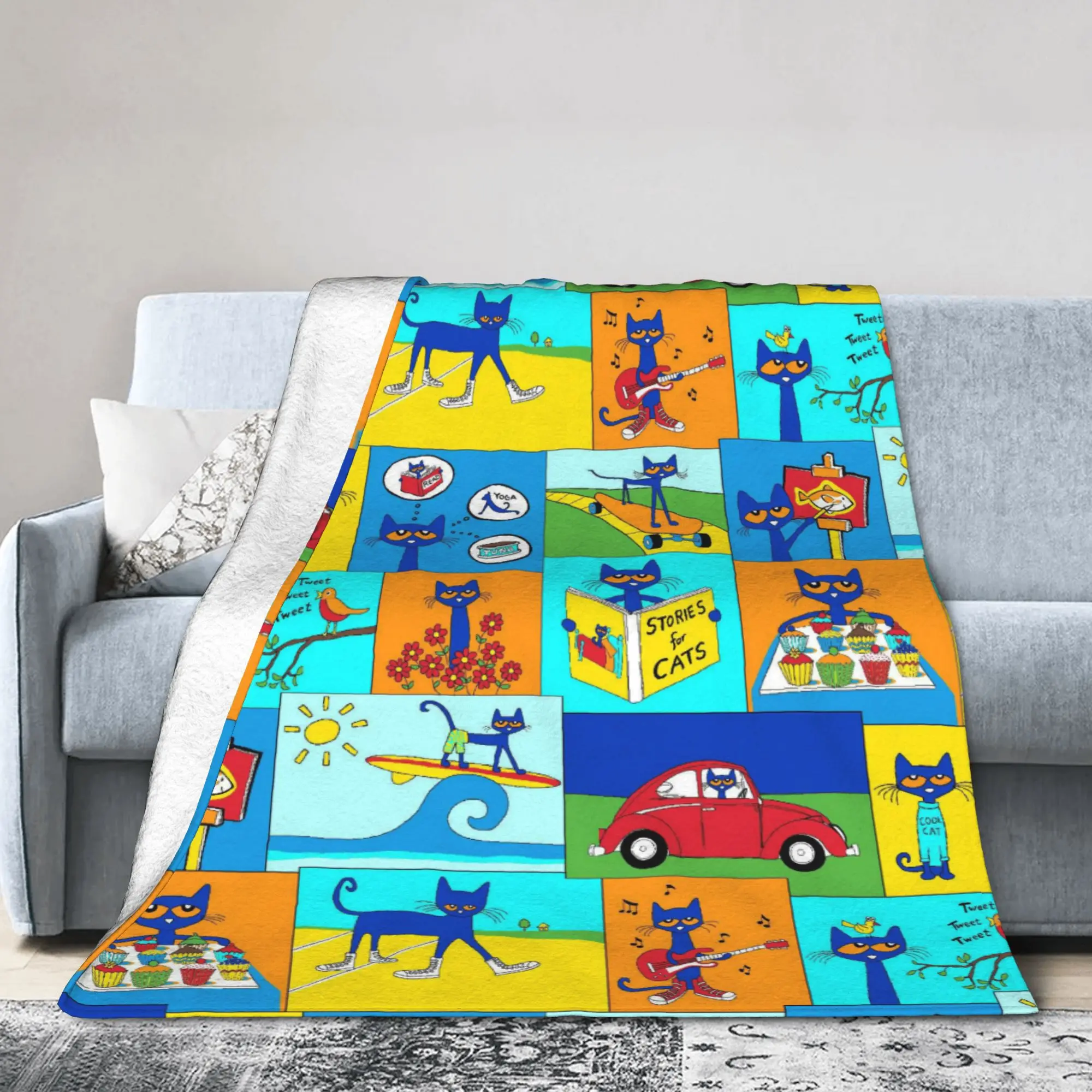Pete the Cat  Blanket Cover Fleece Groovy Kitten Warm Throw Blankets for Car Sofa Couch Bed Rug