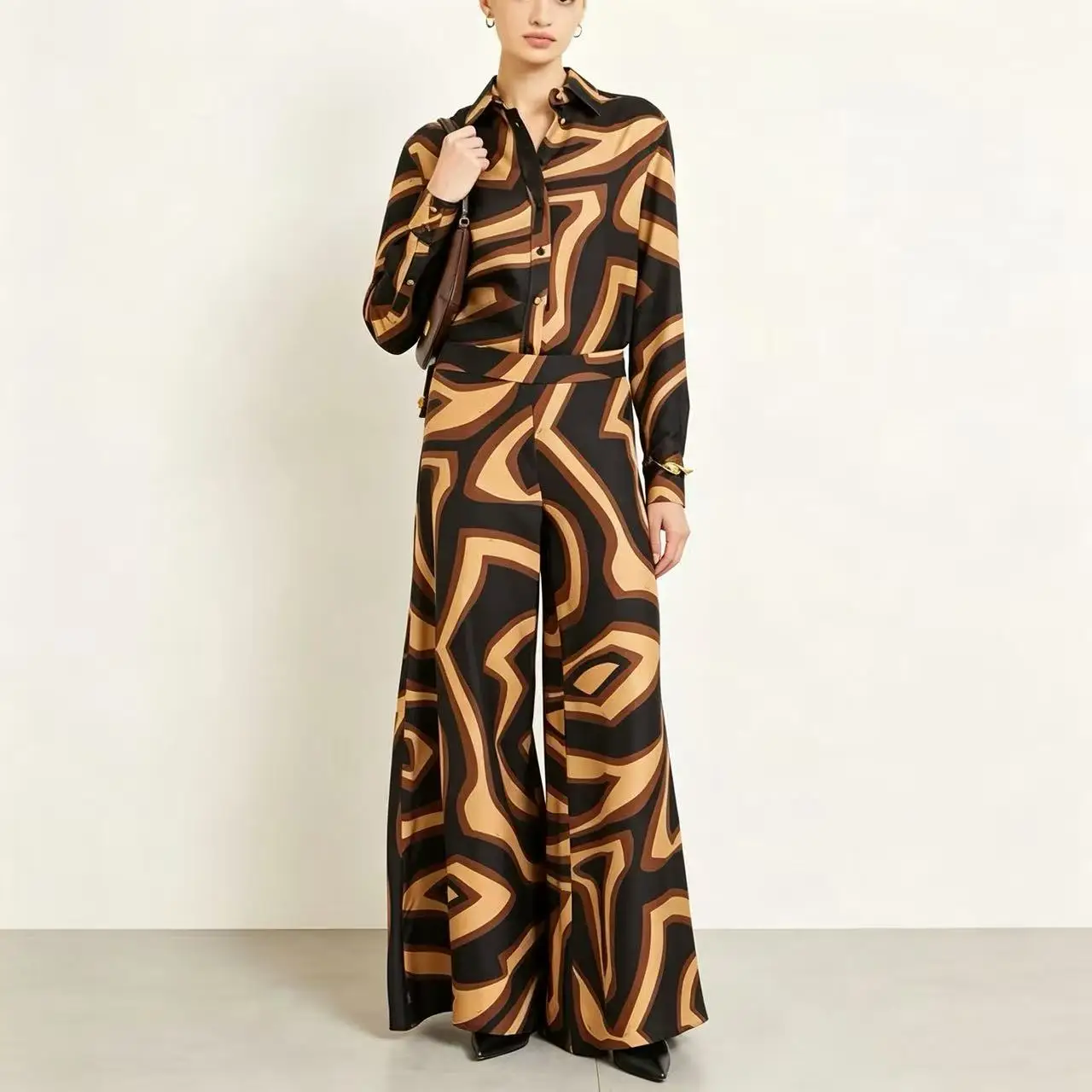 Women 100% Silk Two Piece Set Geometric Printed Long Sleeve Shirt Wide Leg Pants Brown Casual Elegant Formal Outfit
