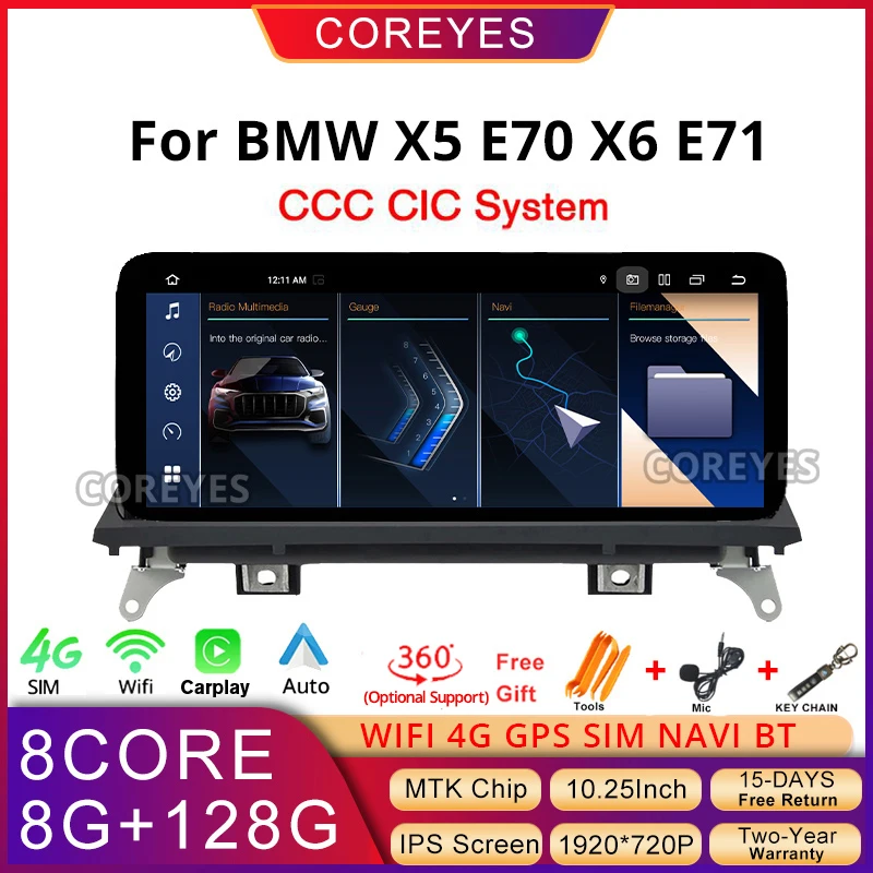 COREYES 10.25 Inch Carplay Car Radio Multimedia Player For BMW X5 E70 X6 E71 2007-2013 CCC CIC System Bluetooth Display Scree