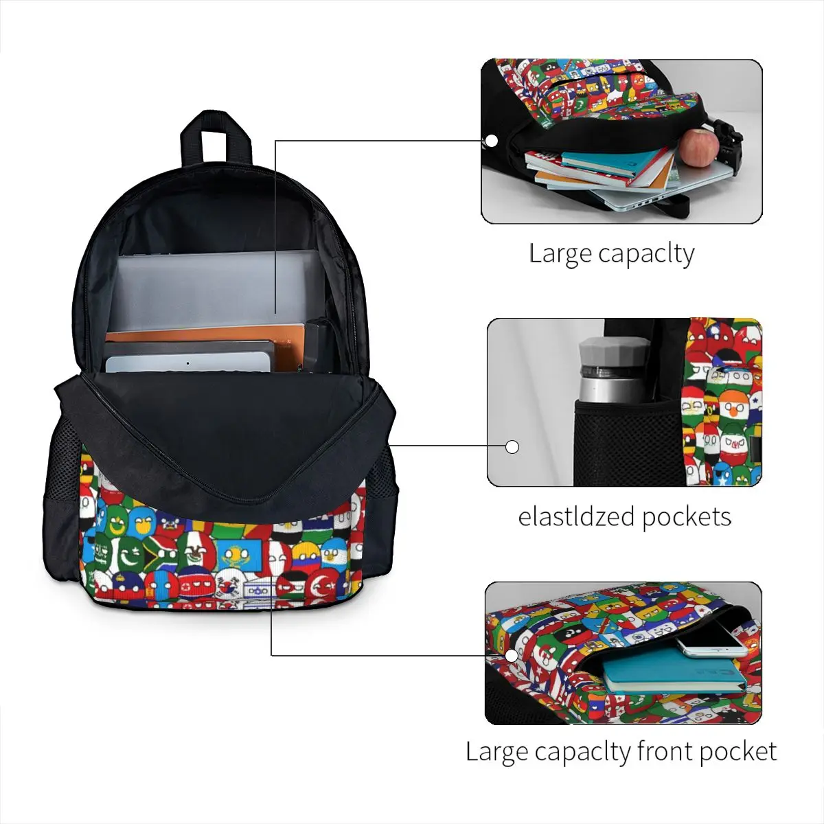 Countryball Cartoon Backpack Countries Earth Cute Female Polyester Outdoor Backpacks Soft Pretty School Bags Rucksack