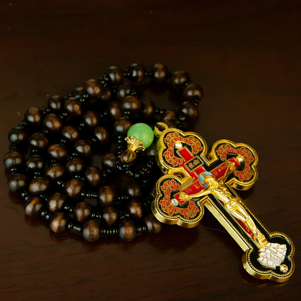 Orthodoxe Kreuz kette mit Holz perlenkette Kruzifix Gold Holz Rosenkranz Perlenkette religiösen Jesus Gebets schmuck