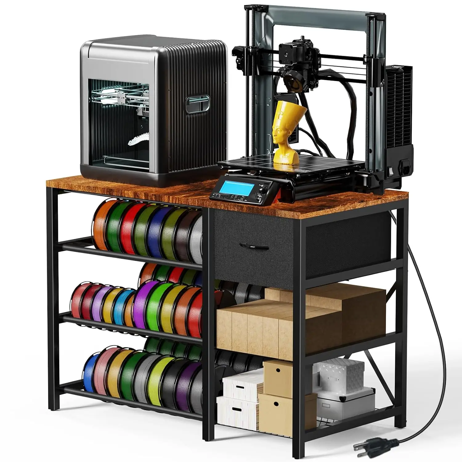 

3D Printer Stand with Filament Storage, Power Outlet, and Drawer for Organized Office Workshop Use