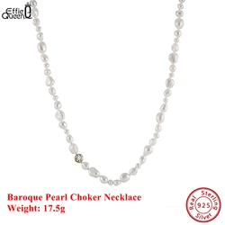 EFFIE QUEEN 925 Pure Silver 14k Gold Baroque Pearl Chain Choker Necklace Plus Zirconia Natural Jewelry for Women Banquet GPN70