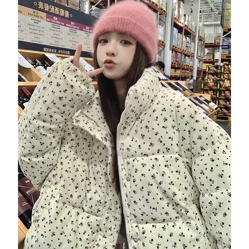 Women Retro Floral Printed Short Bread Cotton Coats Autumn Winter Stand Collar Loose Casual Thickened Warm Zipper Parkas Jackets