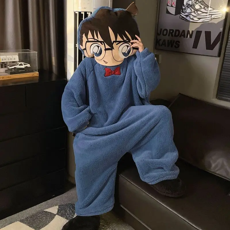 Conan Edogawa Winter Jimmy Kudo New Hooded Couple Nightgown New Comfortable Easy Coral Fleece Pajamas Jumpsuit Without Slippers