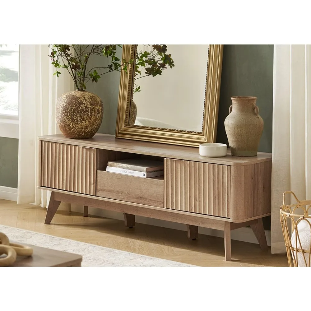 Modern TV Stand, for TVs up to 50” Waveform Panel, Sleek Curved Profile with Adjustable Shelf and Sturdy Box Frame Leg