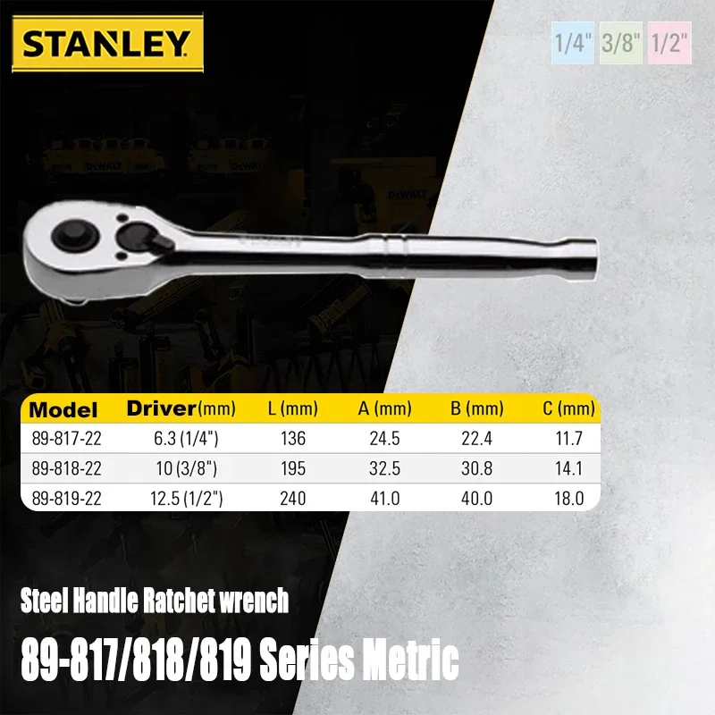 Stanley 89-817-22 Professional Steel Handle Ratchet Wrench for Mechanic 45/54-tooth Ratchet Head 1/4inch 3/8inch 1/2inch CR-V