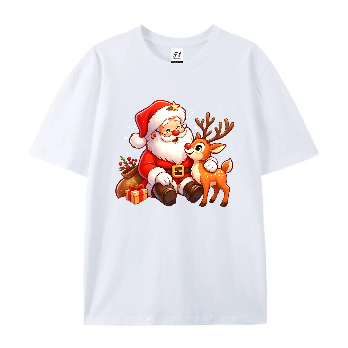 Women Round Neck T Shirt Santa Reindeer 3D Cartoon Graphic Tee Casual Short Sleeve Tops Cute Christmas Holiday Style Summer Wear