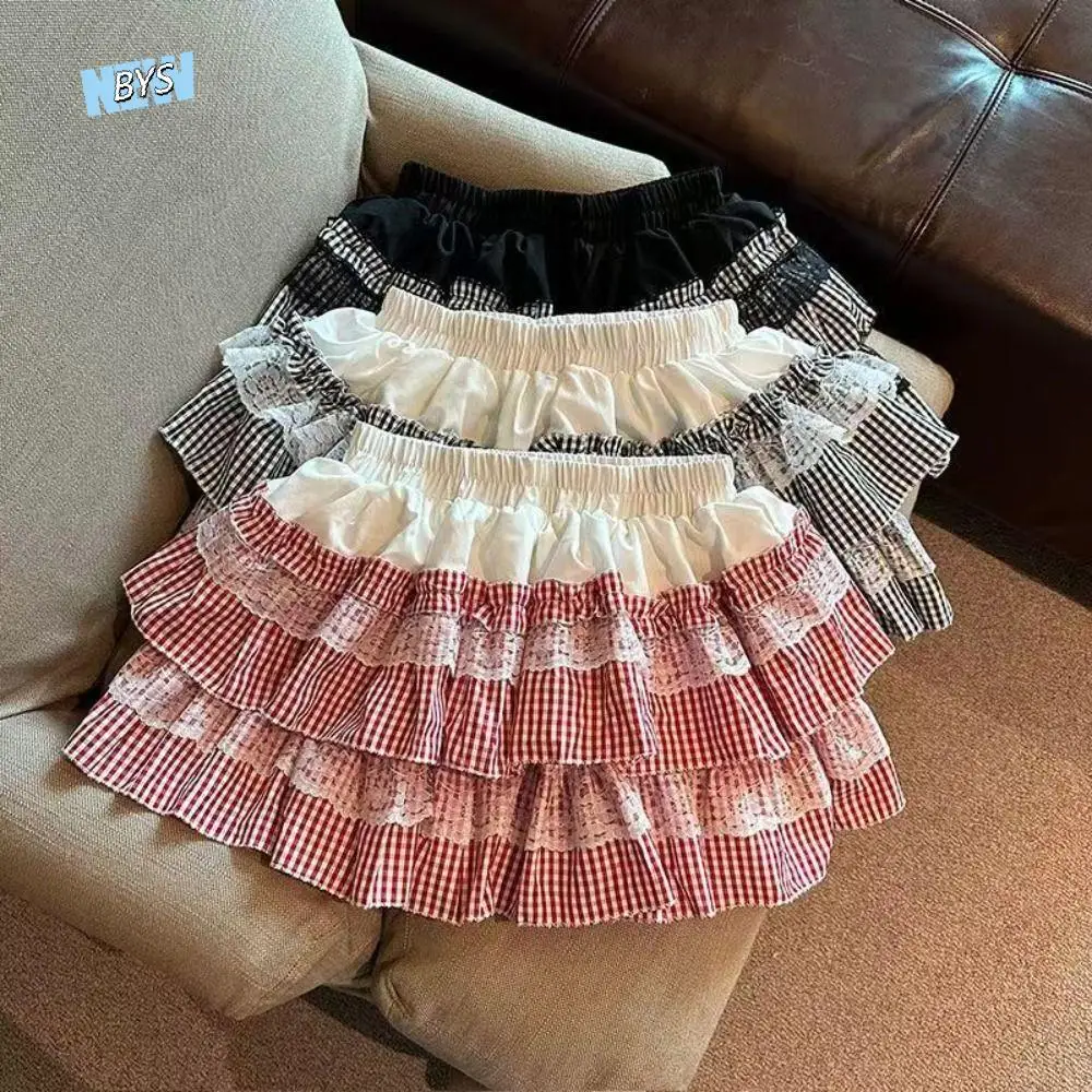 

Harajuku Lolita Lace Grid Cake Skirt Plaid Stripe Ruffle JK A-line Short Skirt Multi-layer Sweet Lace Pleated Mini Skirts Girls