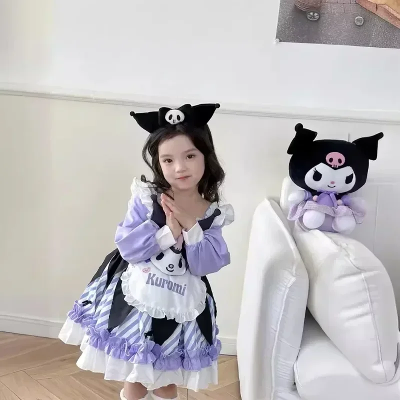 Sanrio Kuromi vestido manga curta para meninas, saia melody, casual roupas soltas, presente de aniversário, fantasia de princesa, roupas de Halloween, fofas