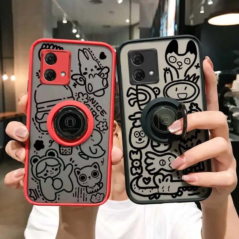 G84 Sweet Scribbles Skin-feel Ring Phone Case For Motorola Moto G200 G100 G72 G71 G60S G60 G54 G53 G52 G51 G50 G42 Cover