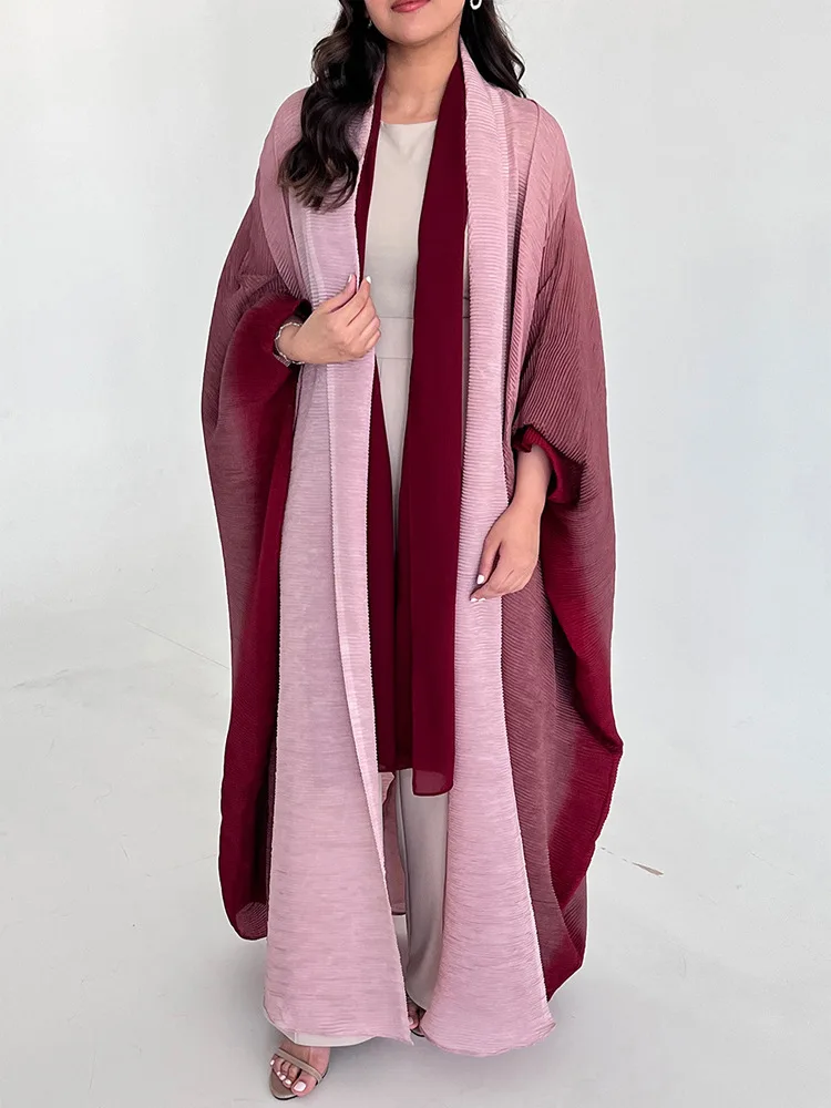 2025 Summer Turndown Bat Windbreak Coats Crew Neck Pleated Gradient Women Robe Collar Cardigan Jackets abaya