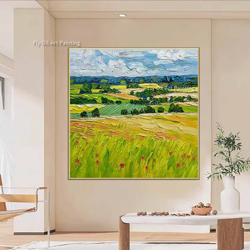 Blue Sea Red Fishes Simple Wall Art Decor For Room New Handmade Green Yellow Grass Landscape Oil Painting On Canvas As Gifts