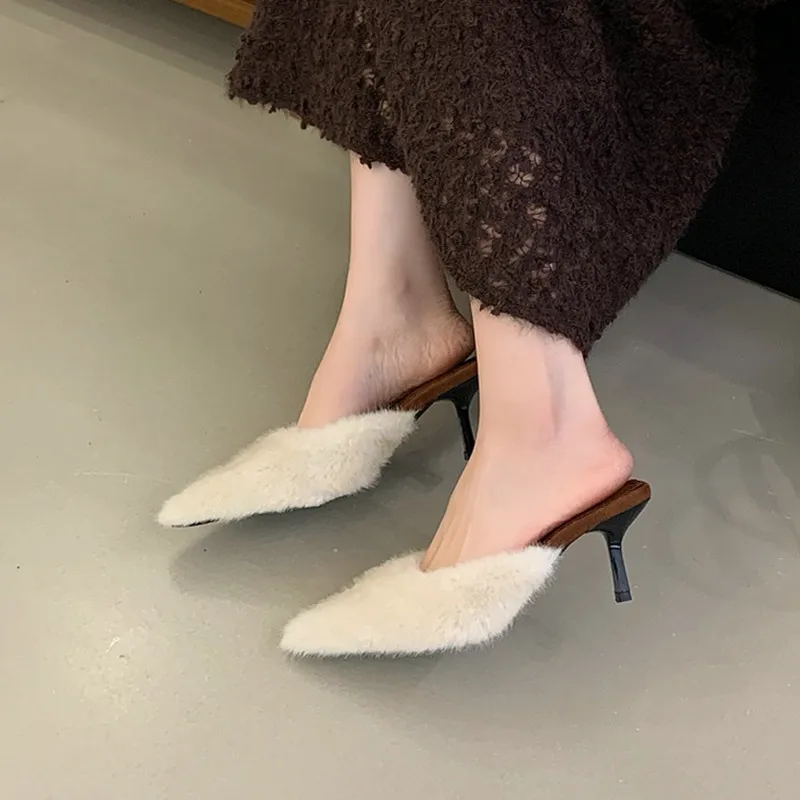 

Bailamos Brand Women Fur Slipper Fashion Pointed Toe Slip On Ladies Furry Elegant Mules Shoes Thin High Heel Dress Sandal Pumps