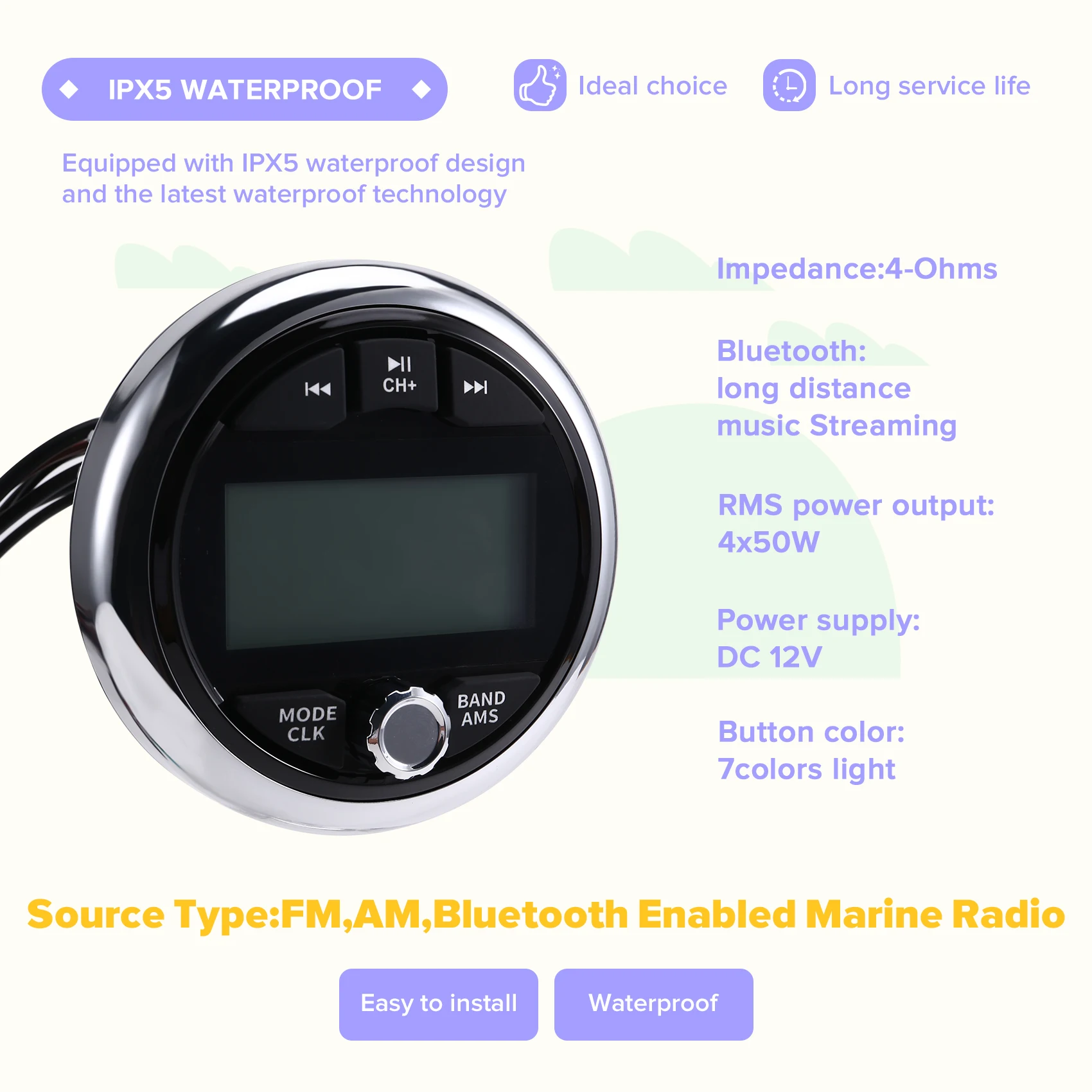 AASS-Motorboat Yacht Boat Radio For UTV ATV RZR MP3 Media Player Marine Radio Stereo Bluetooth AUX FM AM Receiver