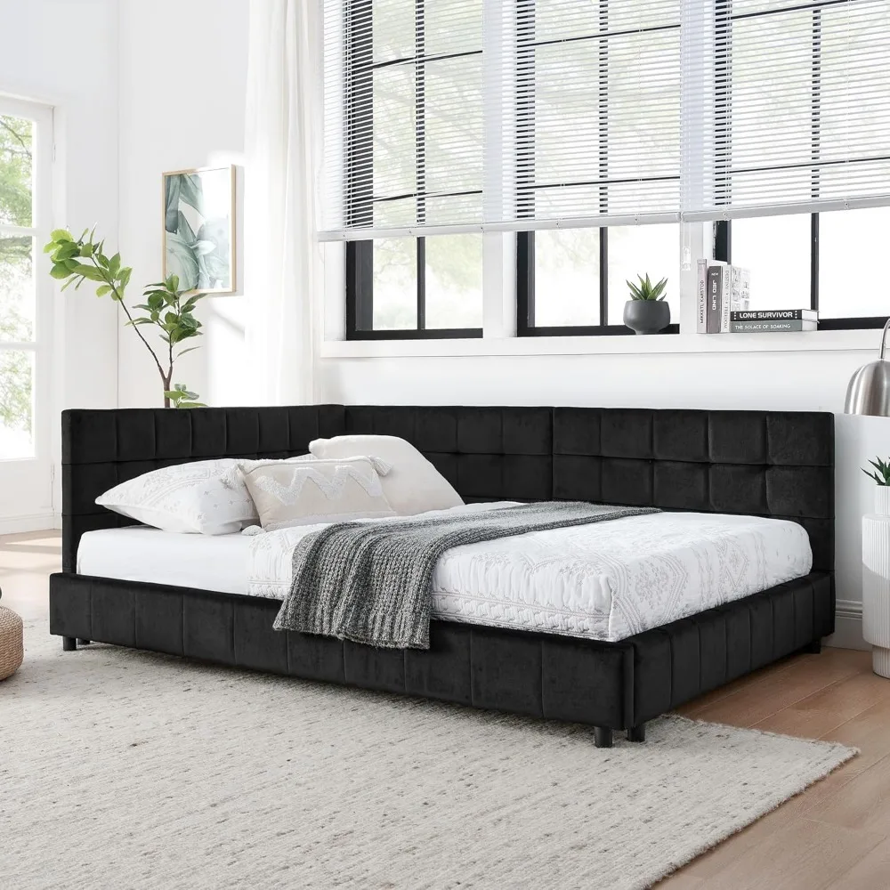 

SOFTSEA Full Size Upholstered Corner Daybed, Modern L-Shaped Corner Beds with Tufted Backrest, Velvet Daybed Sofa Bed Floor Bed