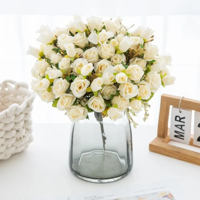 5 Gabeln, 15 Köpfe, künstliche Seidenblumen, Rose, Hochzeit, Brautstrauß, Festival-Dekoration, Zuhause, Raumarrangement, Blumenzubehör – Detail 1