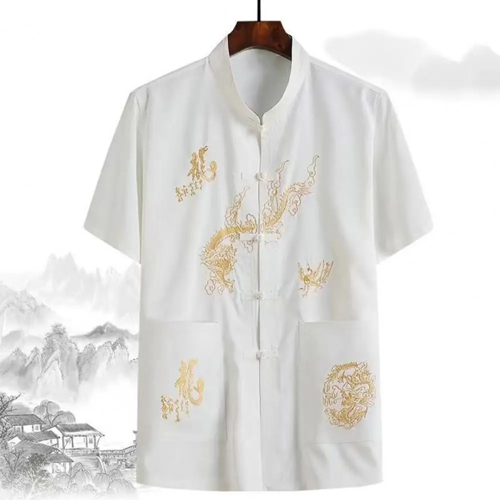 Dragon Print Practice Shirt Men's Chinese Traditional Linen Tang Shirt with Hand Plate Buckle Design Oriental for Comfortable