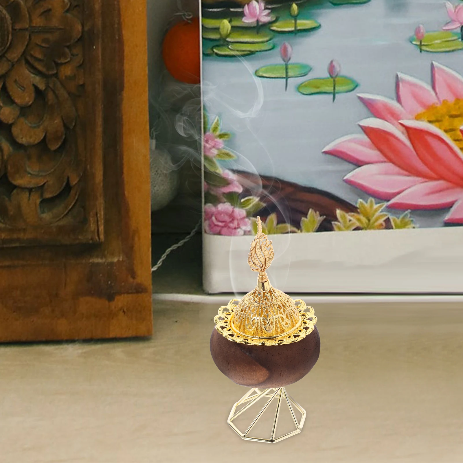 

Wooden With Metal Stand Censer Cone Holder Vintage Middle East Style Indoor Incense Burner Stick Incense Holder Tabletop