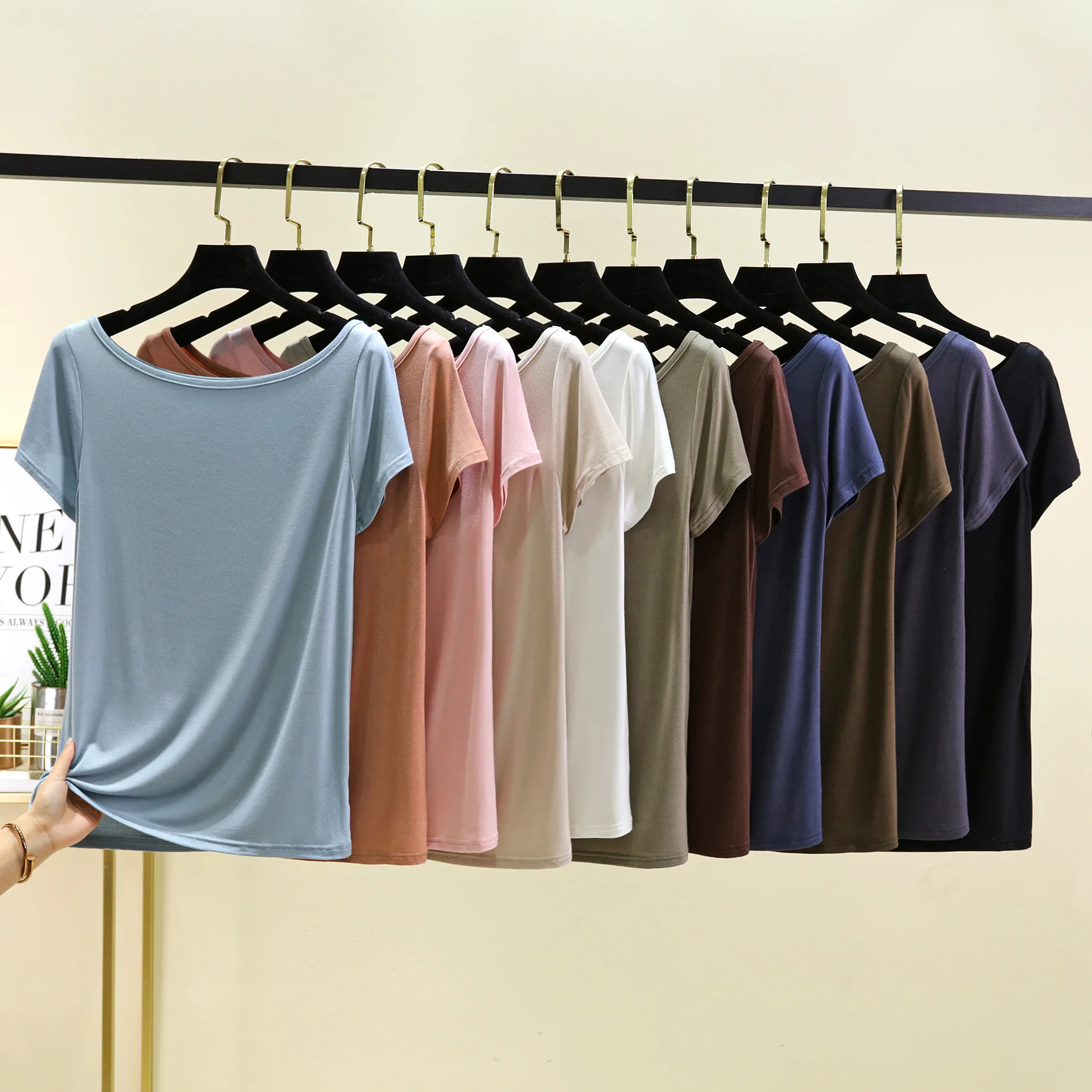 Modal short-sleeved Backless Tshirts women boat Neck off shoulder T-shirt Solid color Loose base layer Top simple Undershirts
