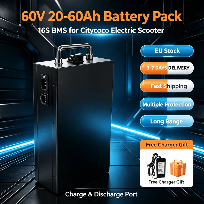 60V 20AH-60AH Lithium-Batterie für Citycoco-Scooter, perfekte Passform, eingebautes BMS, wasserdicht, 10 Stunden lange Batterielaufzeit, kostenloses Ladegerät, schnelle DHL-Lieferung