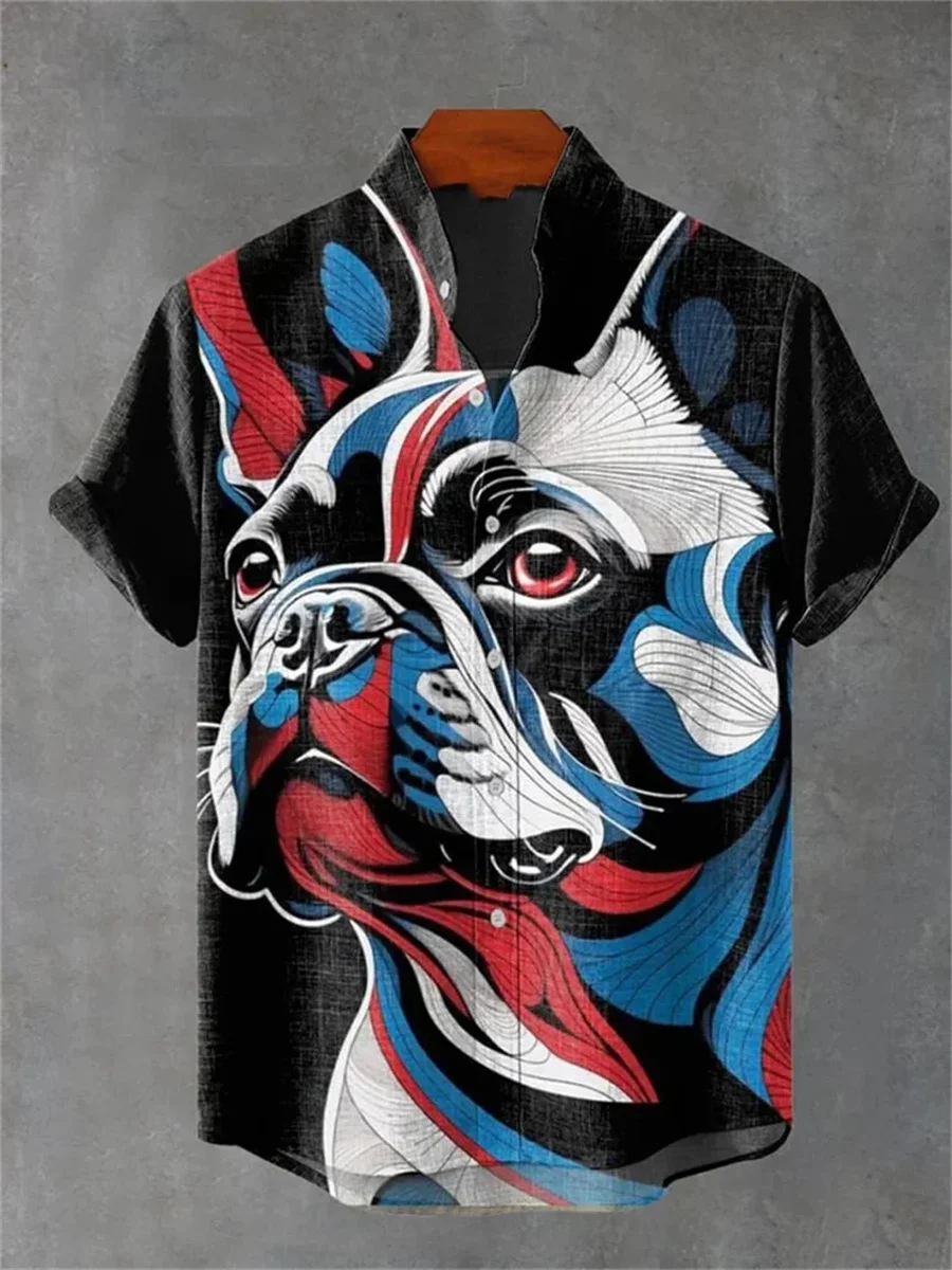 2025 New Casual Men's Shirt Cat Pattern Summer Oversized Short Sleeve Top Harajuku Street Linen Stand Collar Shirt