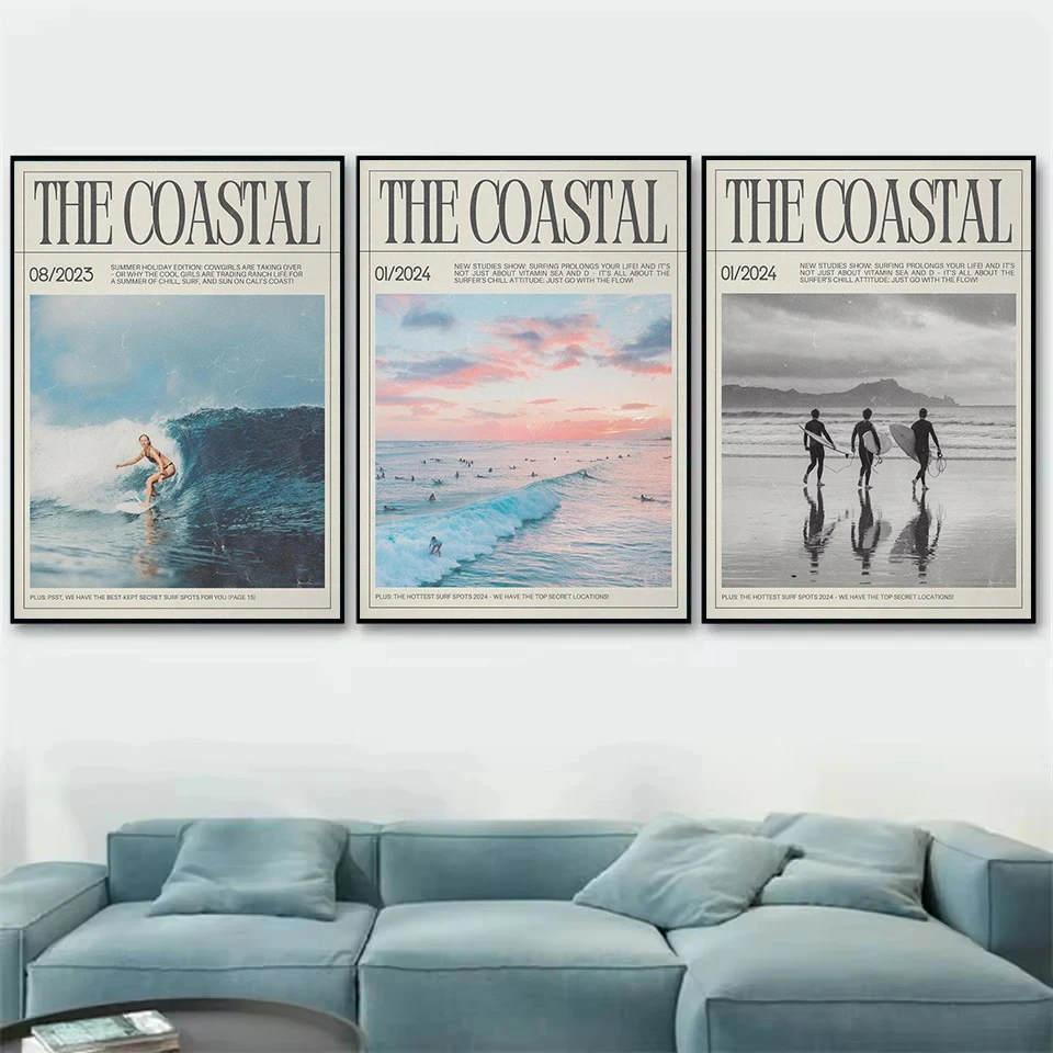 Retro Trendy Summer Sports Surfing Newspaper Surfer Girls Coastal Poster Canvas Painting Wall Art Pictures Home Bedroom Decor