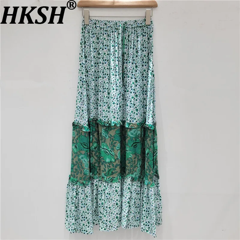 

HKSH Summer New Women Casual Skirt Printed Drawstring Elastic Waist Pleated Vacation Style Elegant Fashion Stylish Skirts HK9075