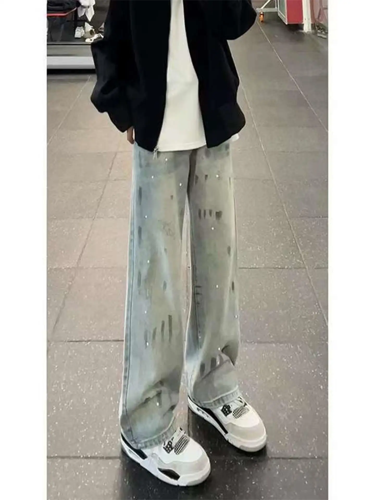 

Blue Splaed Ink Bent Knife Men's Jeans High Street Vibe Slimming Straight Leg Bell Bot Casual Wear All Seasons