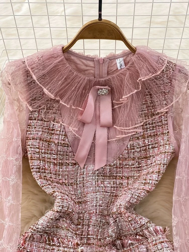 Elegancka francuska sukienka z tweedu z siateczkowymi wstawkami, damska sukienka vintage w kształcie litery A, mini, z falbankami przy kołnierzyku, kokardą i długim rękawem, nowa jesienna kolekcja.