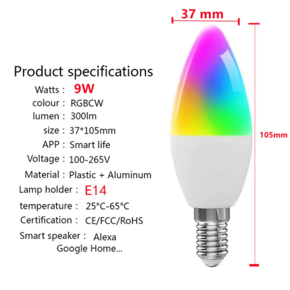 Wifi Smart Light Bulb E14 Candle Lamp RGB+CW+WW 9W Tuya Smart Life APP Voice Control Compatible Alexa Google Home Dimmable